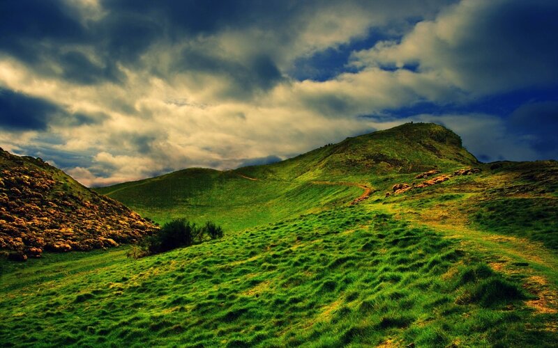 Green Hills under Cloudy Sky — Dramatic, Afternoon, Photograph, Clouds, Grass