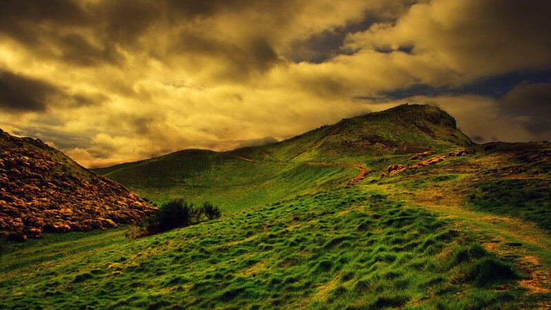 Green Hills under Cloudy Sky — Dramatic, Sunset, Photograph, Clouds, Grass