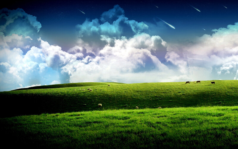 Green hills under shooting stars