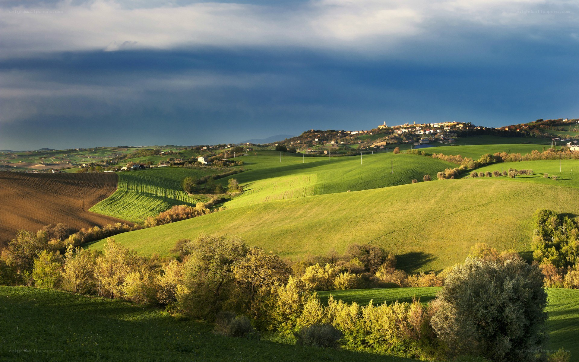 Green hills under stormy sky