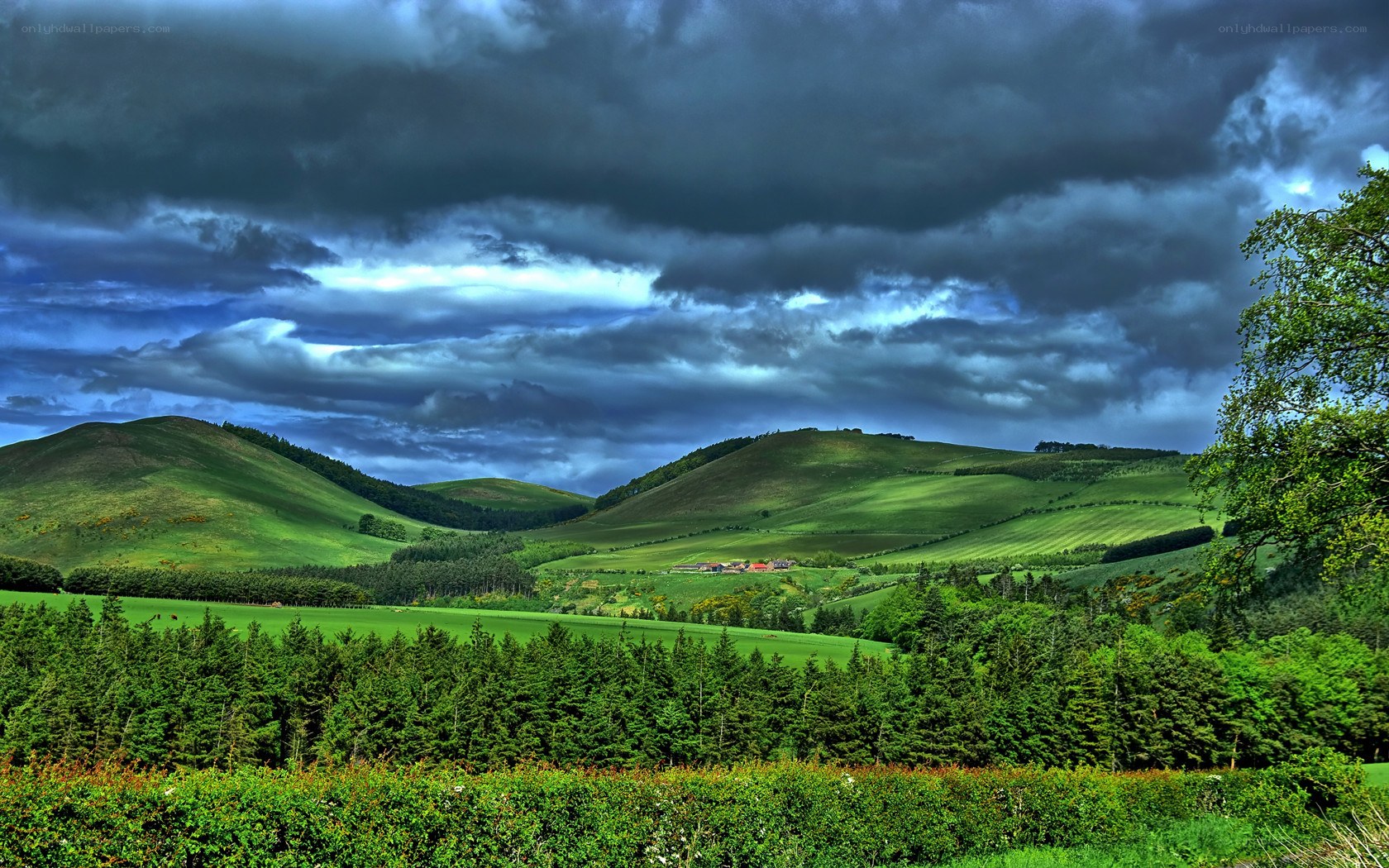 Green hills under stormy sky