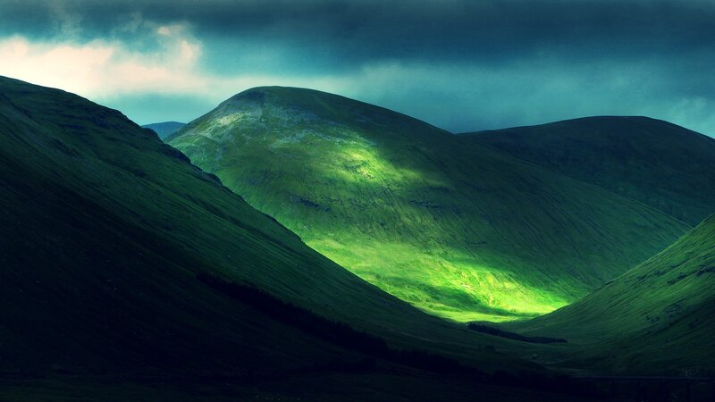 Green Hills under Stormy Sky — Dramatic, Afternoon, Photograph, Mountains