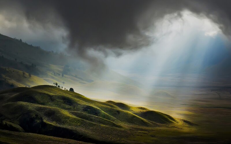 Green Hills under Stormy Sky — Dramatic, Afternoon