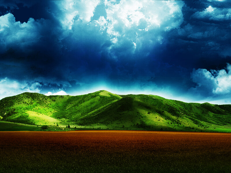Green Hills under Stormy Sky — Dramatic, Digital Art, Clouds