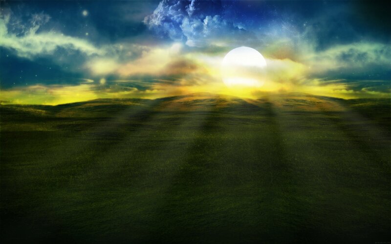 Green Hills under Sun — Dramatic, Sunset, Digital Art, Clouds, Yellow