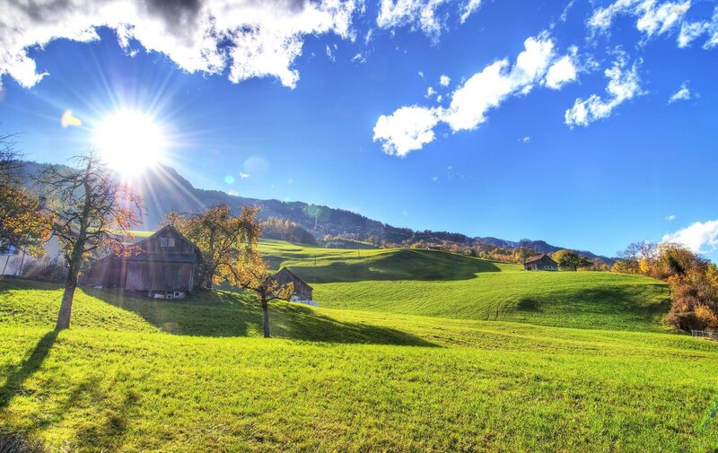 Green Hills with Barns — Serene, Afternoon