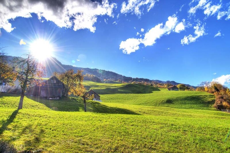 Green Hills with Barns — Serene