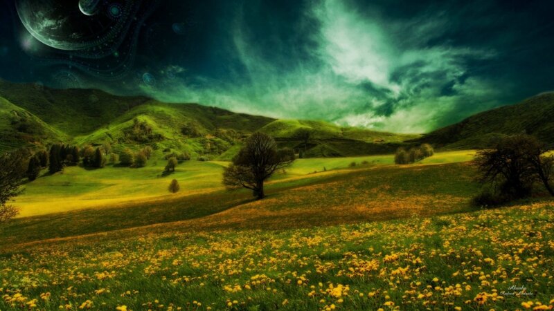 Green Hills with Dandelions — Dramatic, Night