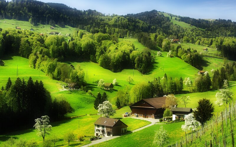 Green hills with farmhouses