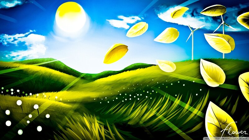 Green Hills with Flying Leaves — Blue
