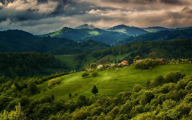 Green Hills with Houses — Dramatic