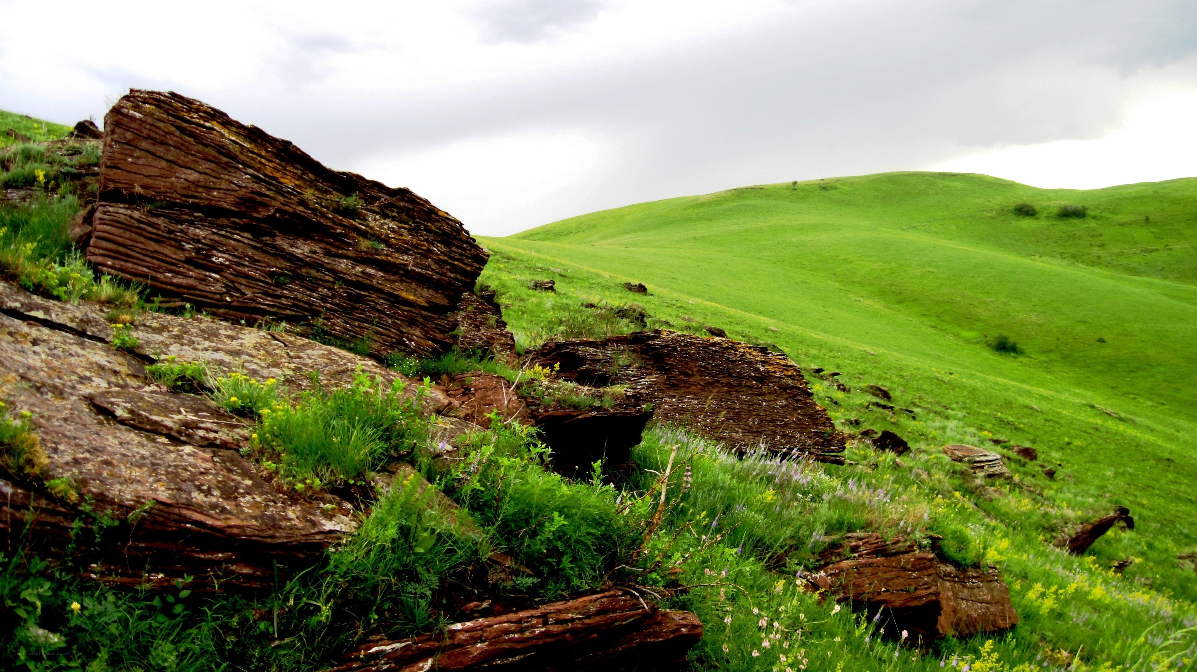 Green hills with layered rocks