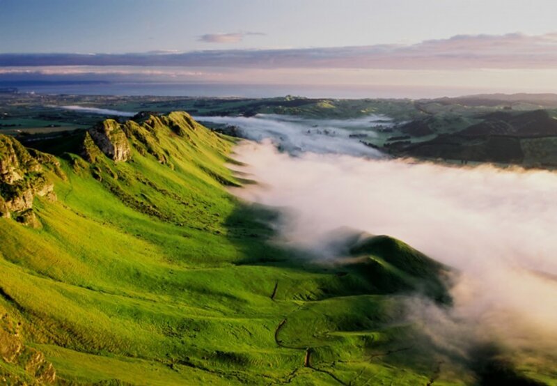 Green hills with morning fog