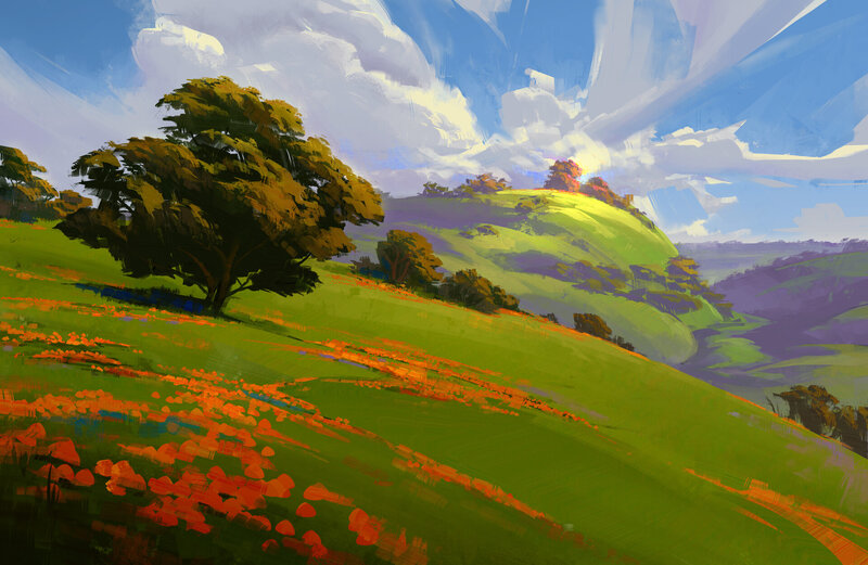 Green Hills with Orange Flowers
