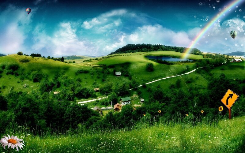 Green Hills with Rainbow