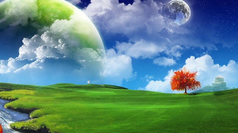 Green Hills with Red Tree — Serene, Day