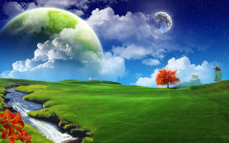Green Hills with River — Serene, Night