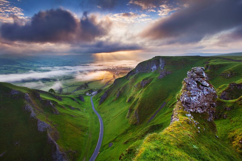 Green Hills with Road — Dramatic, Sunrise