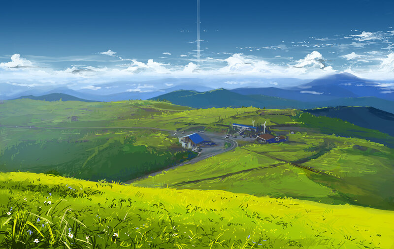 Green hills with small village
