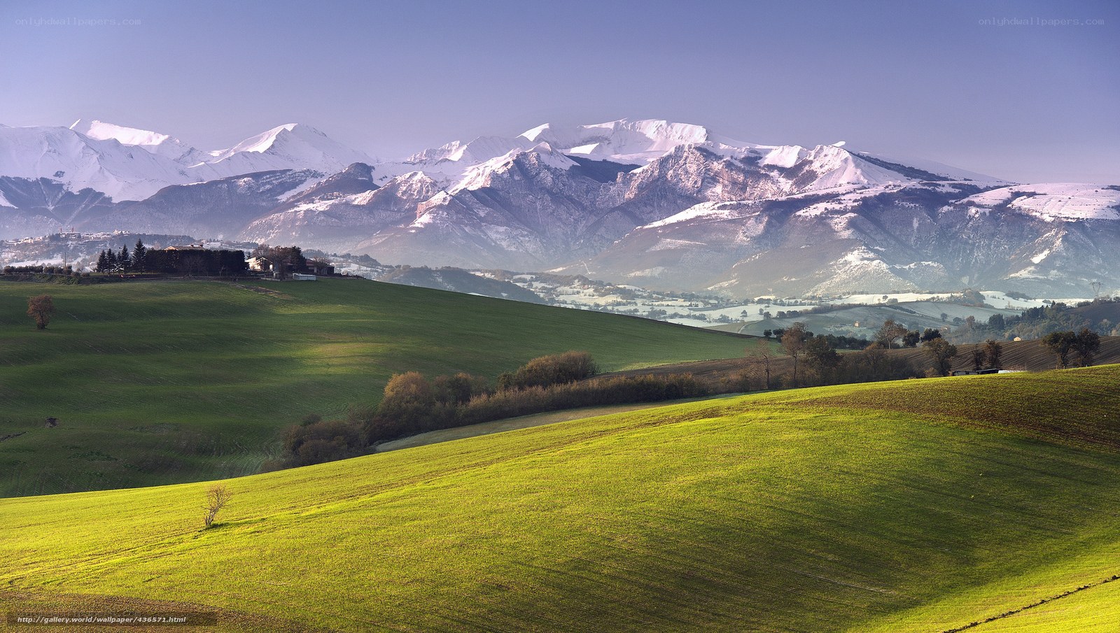 Green hills with snow-capped mountains