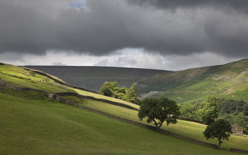 Green Hills with Stone Walls — Dramatic, Afternoon, Photograph