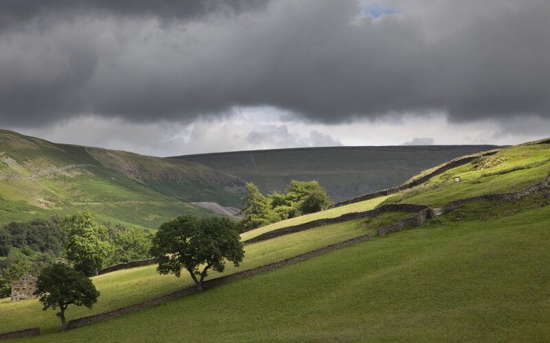 Green Hills with Stone Walls — Dramatic, Afternoon