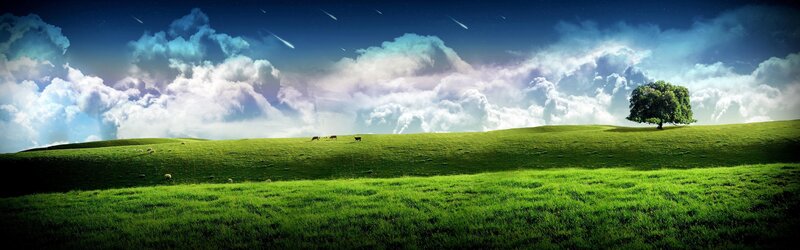 Green Hills with Tree — Serene, Night, Digital Art