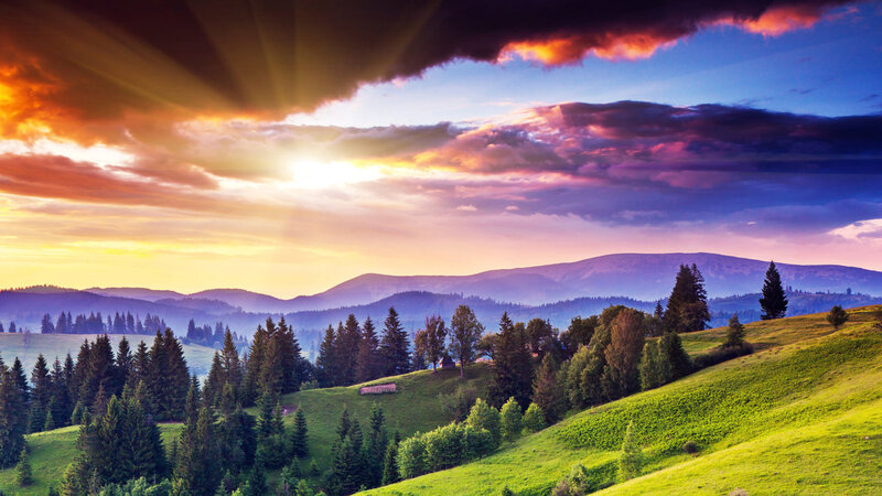 Green Hills with Trees — Dramatic, Sunset