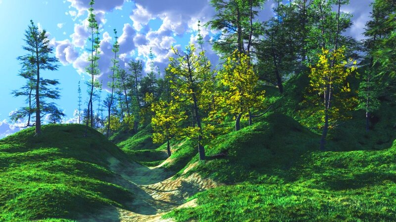 Green Hills with Trees — Serene, Afternoon, 3d Render