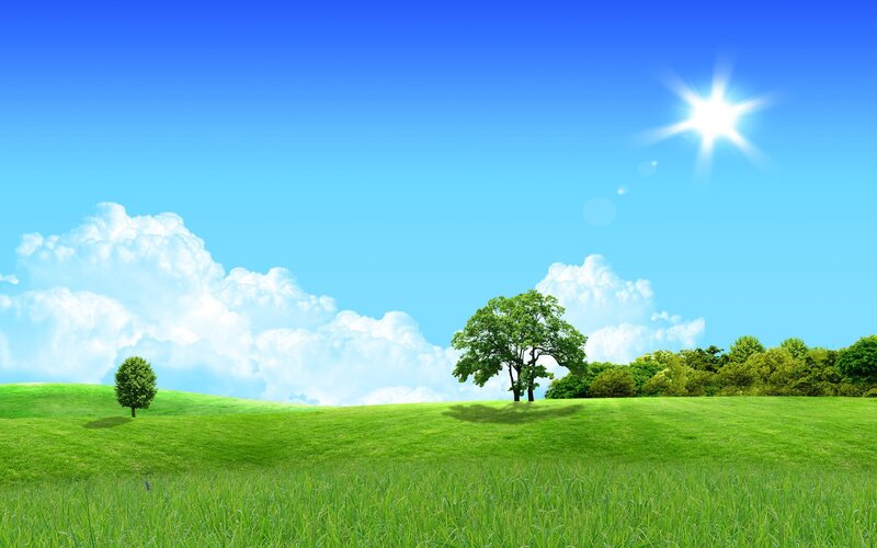 Green Hills with Trees — Serene, Afternoon, Digital Art, Sun, Clouds