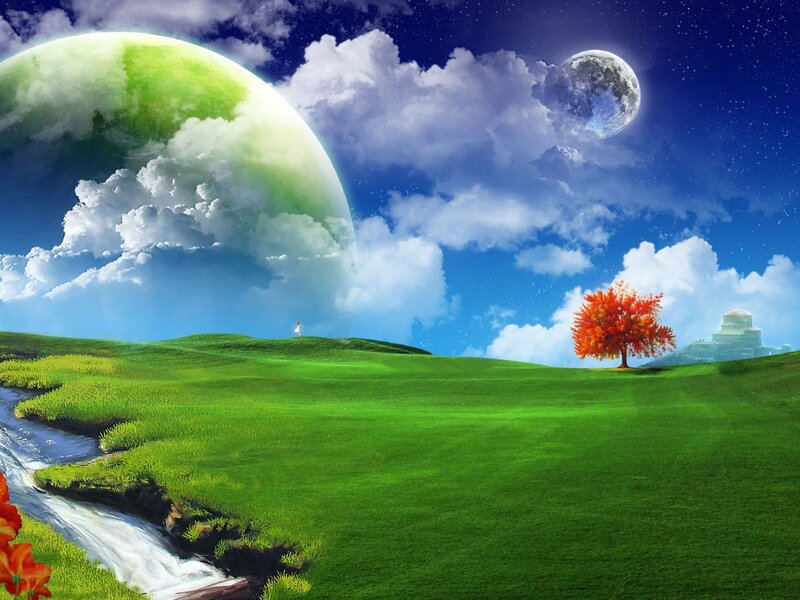 Green Hills with Two Moons — Serene, Night