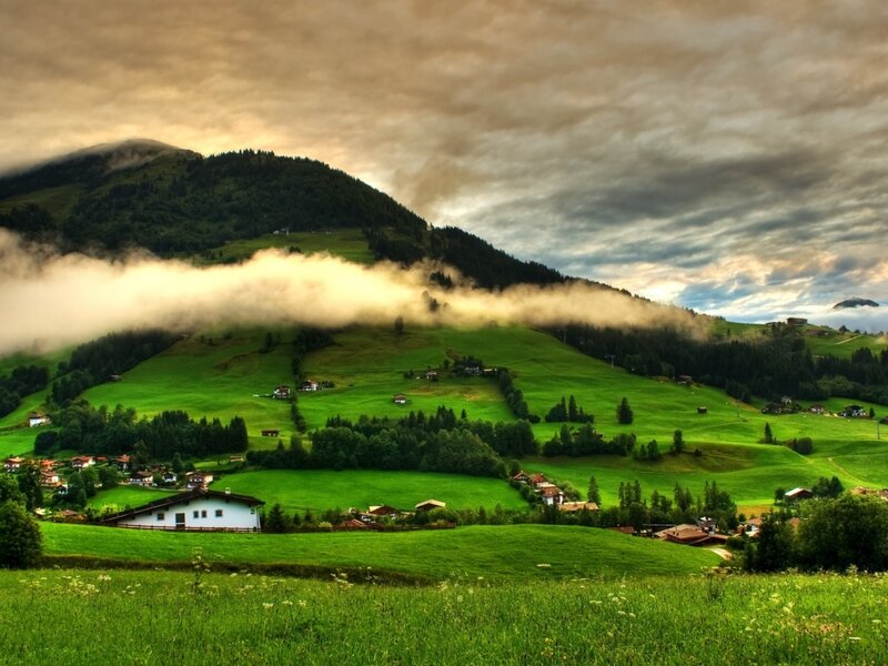 Green Hills with Village — Dramatic, Morning