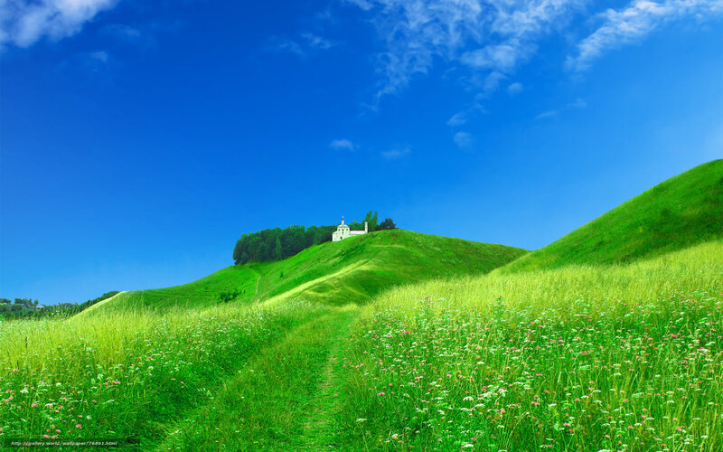 Green hills with white church