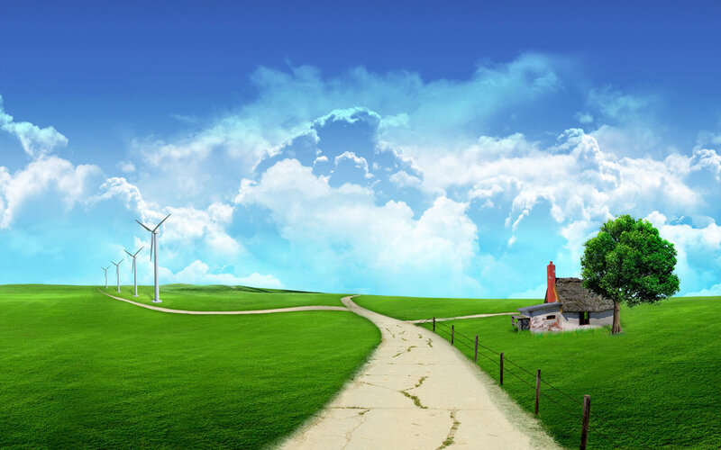 Green Hills with Wind Turbines — Serene, Afternoon, Digital Art