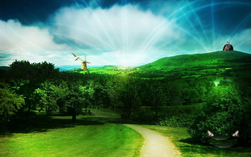 Green Hills with Windmill — Serene, Afternoon