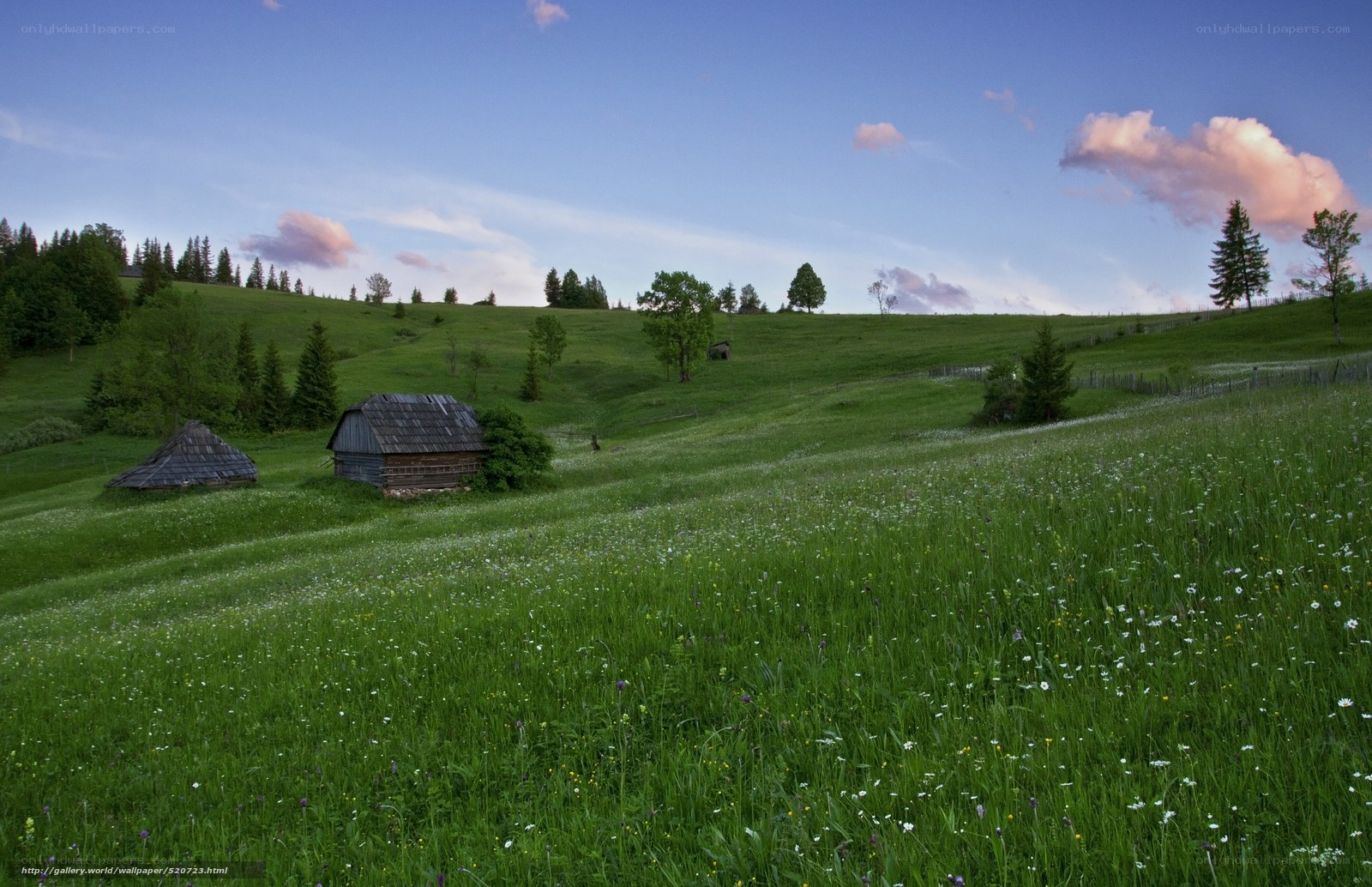 Green hills with wooden huts