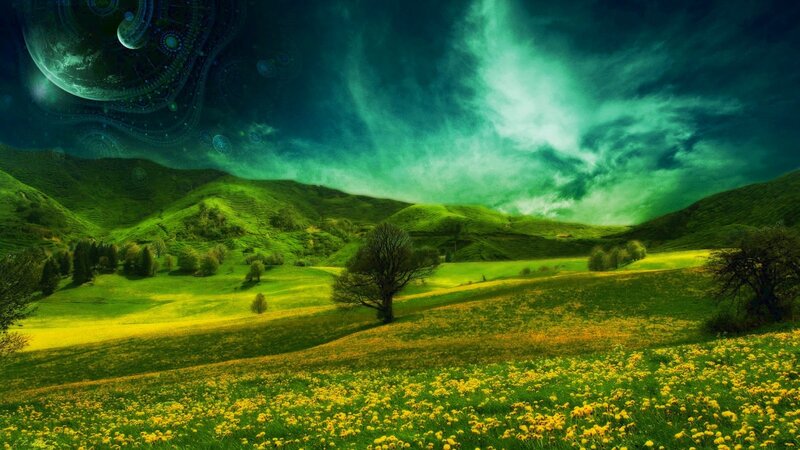 Green Hills with Yellow Flowers — Dramatic, Night
