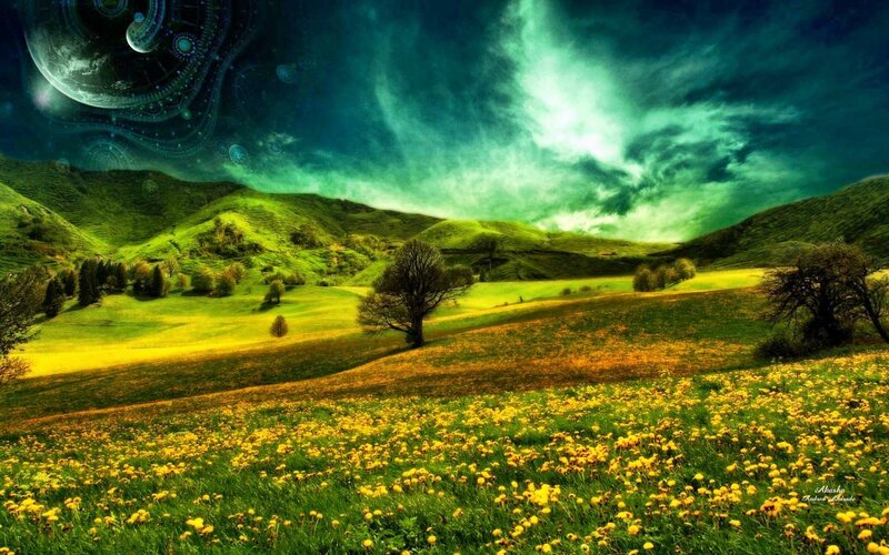 Green Hills with Yellow Flowers — Dramatic
