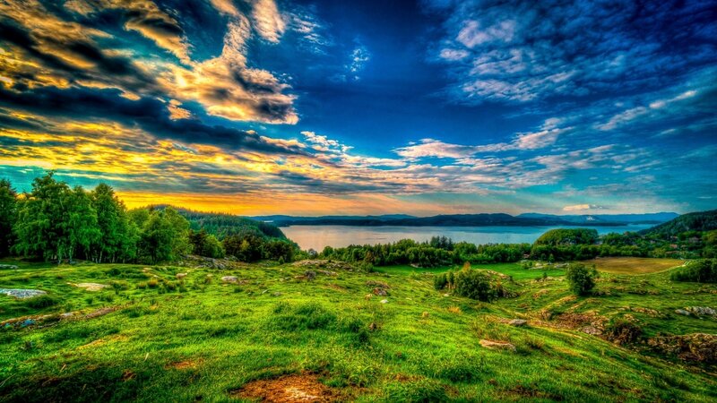 Green Hillside with Lake — Dramatic