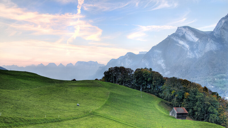 Green Hillside with Mountains — Serene, Morning