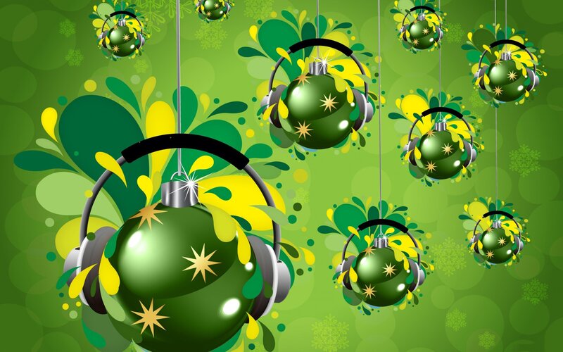 green holiday ornaments with headphones