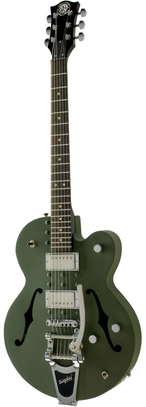 green hollow-body electric guitar
