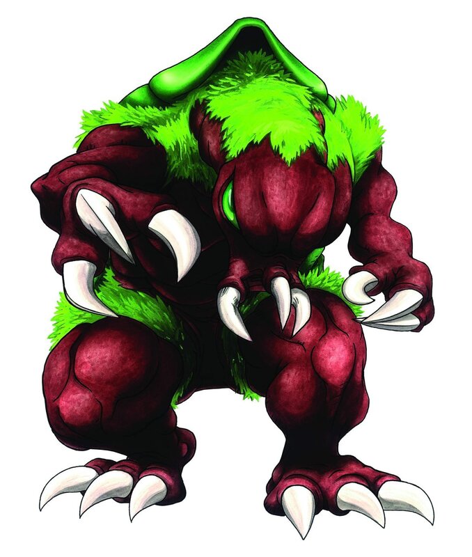 green-hooded monster creature