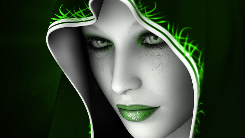 green-hooded woman portrait