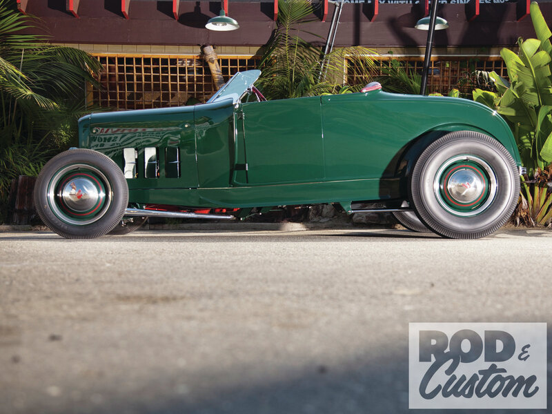 Green Hot Rod Car — Calm, Afternoon, Photograph, Palm Trees