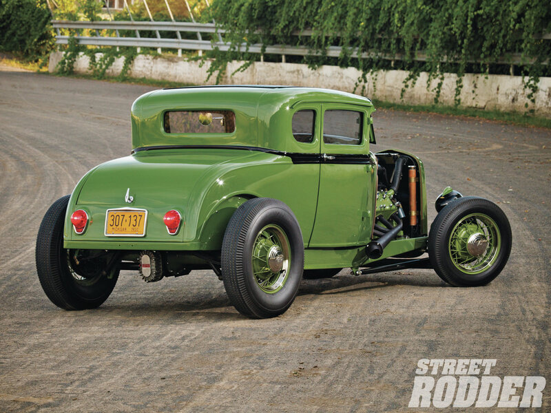 Green Hot Rod Car — Calm, Afternoon, Photograph, Road, Trees