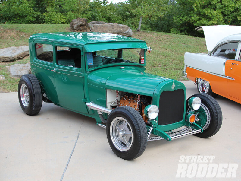 Green Hot Rod Car — Calm, Afternoon, Photograph, Trees, Rocks