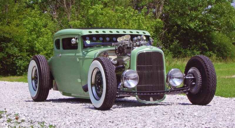 Green Hot Rod Car — Calm, Afternoon, Photograph, Trees