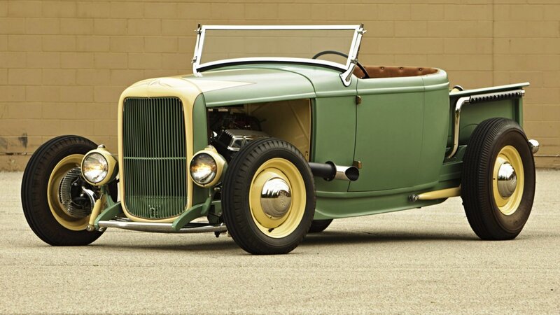 Green Hot Rod Car — Calm, Photograph, Brick Wall