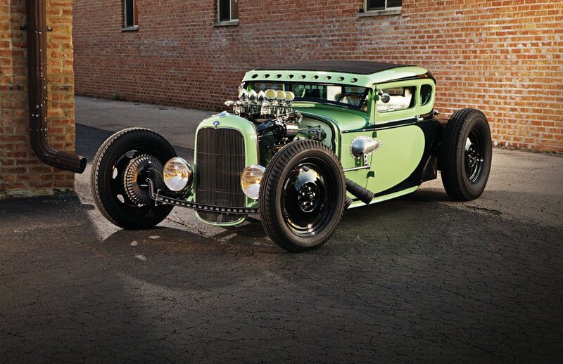 Green Hot Rod Car — Dramatic, Afternoon, Photograph, Brick Wall